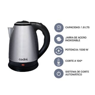 Pava Eléctrica Hervidora Acero Inoxidable 1.8 Lts Codini - P18HAN